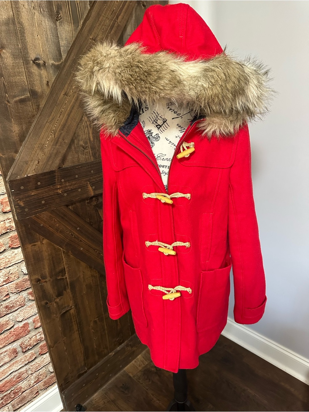 American Eagle Outfitters Red Hooded Toggle Pea Coat with Faux Fur Trim